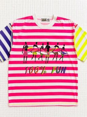 Rare Vintage Neon Pop Art Surf Tee YCC Yellow Cab Co Shoulder Pad Shirt M